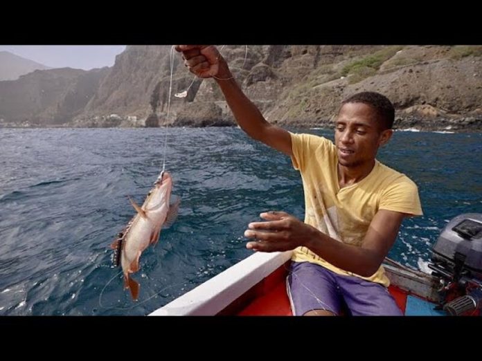 pescador puxa o peixe com a linha da água