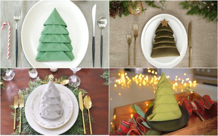 A forma perfeita de dobrar um guardanapo em forma de árvore de natal