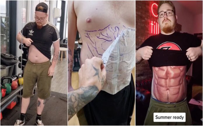 Homem tem ideia genial e tatua abdominais na barriga