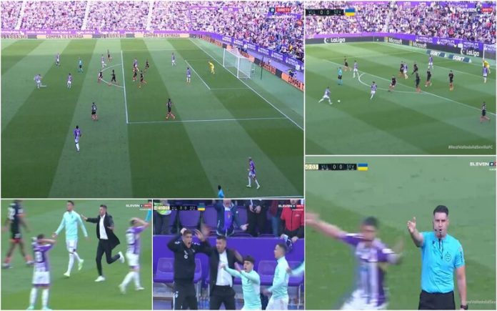 Árbitro apita para o intervalo no momento em que há um remate que dá golo