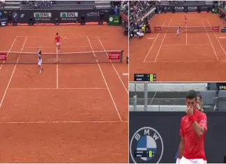 Djokovic é atingido nas pernas por um smash a queima-roupa