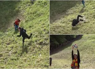 Mulher vence corrida do queijo rolante mas só se apercebeu no fim