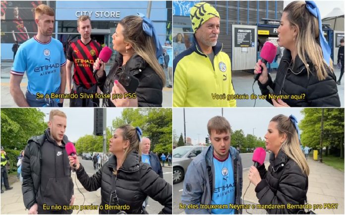Repórter brasileira questiona adeptos do City sobre a troca entre Neymar e Bernardo Silva
