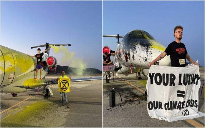 Ativistas Ecológicos pintam jato privado em protesto em Ibiza