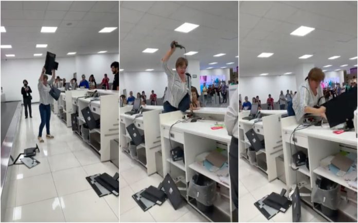 Mulher perde a paciência no check-in e destrói computadores da companhia aérea