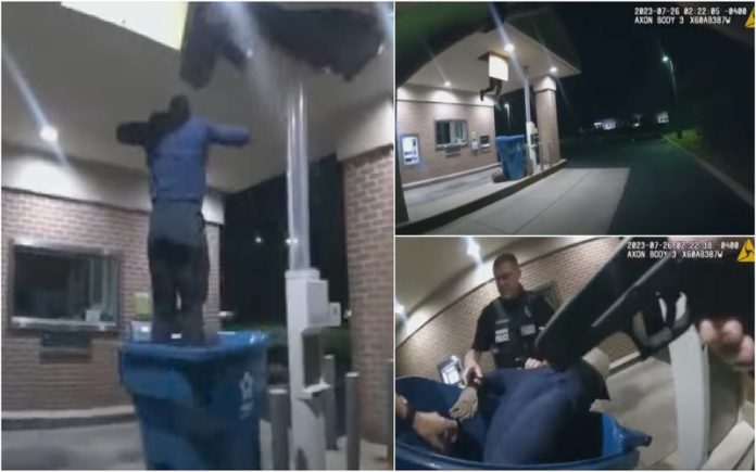 Ladrão assalta banco e na fuga cai dentro de caixote do lixo