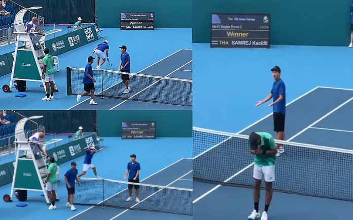 O momento em que jogador de ténis sul-coreano perde a calma e destroça raquete em torneio na China