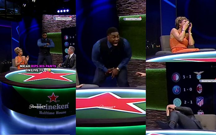 Apresentador imitou a celebração de Mbappé e acabou por rasgar as calças em direto