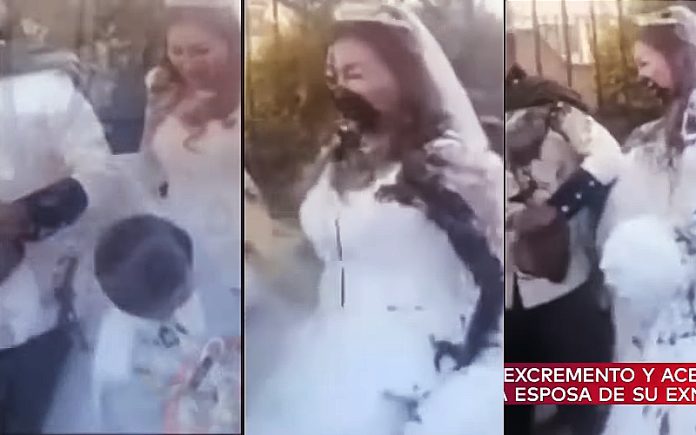 Mulher surpreende no casamento do ex e joga um balde de vezes e azeite aos noivos