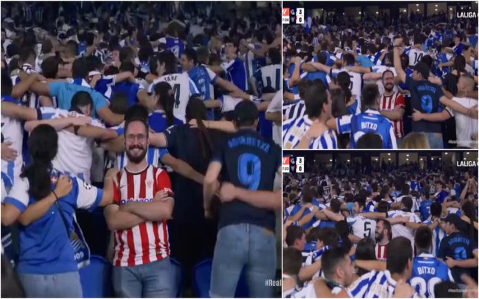 O incrível momento em que adepto do Ath. Bilbao é visto sozinho no meio da claque Real Sociedad