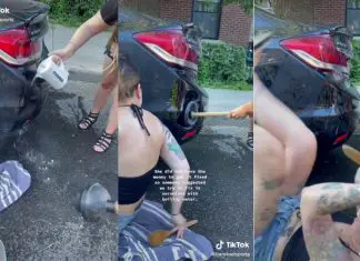 Remendo de primeira: Jovens usam água quente e desentupidor para desamassar carro batido