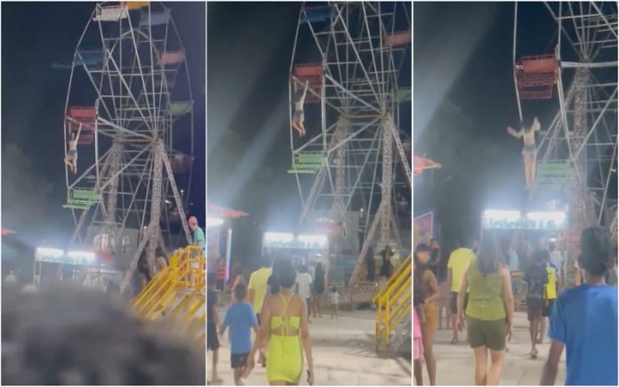 Jovem fica pendurada e cai de roda-gigante no Brasil