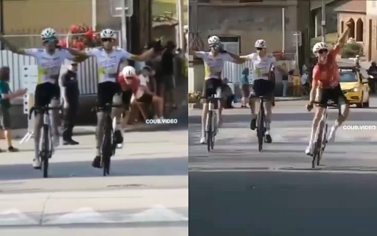 Equipa de ciclistas surpreendidos no final quando já celebravam vitória de mãos dadas