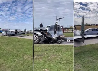 Vídeo impressionante: Avião de pequeno porte sai da pista e colide com carro