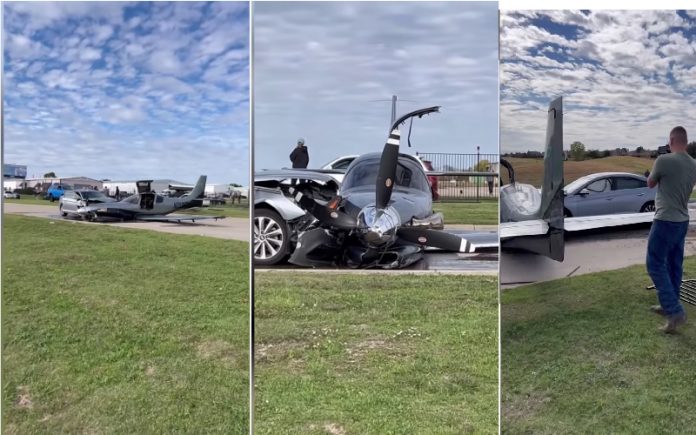 Vídeo impressionante_ avião de pequeno porte sai da pista e colide com carro