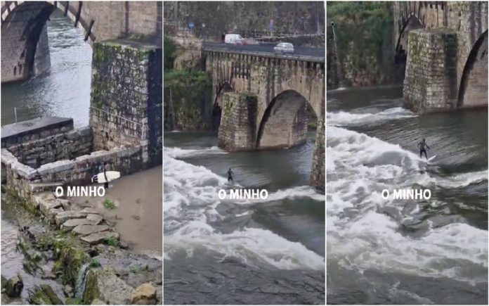 Homem é visto a surfar no Rio Cávado em Barcelos