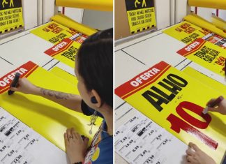 Artista profissional impressiona por sua caligrafia perfeita ao escrever os cartazes de super mercado