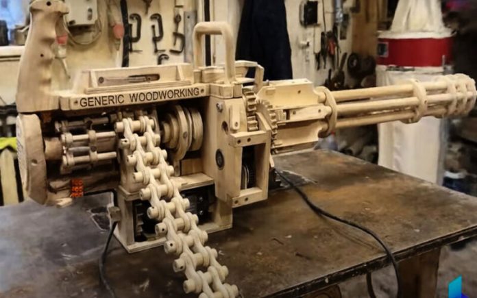 Engenhoca Eco-Friendly Metralhadora artesanal de madeira dispara elásticos