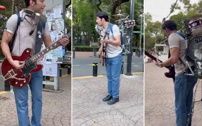 Músico de rua impressiona ao tocar guitarra e bateria ao mesmo tempo enquanto canta Beatles
