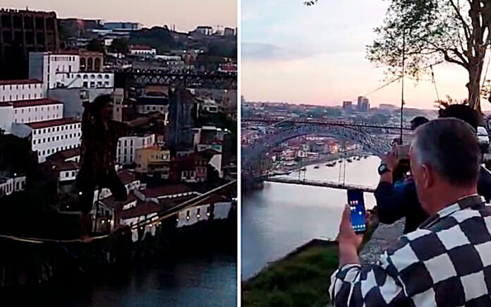 Homem atravessa Rio Douro numa corda, a dezenas de metros de altura Homem atravessa Rio Douro numa corda, a dezenas de metros de altura