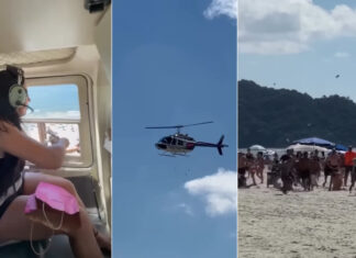 Influenciadora provoca alvoroço na praia com chuva de dinheiro.