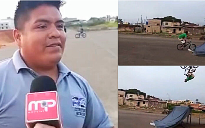 Jovem tenta chamar atenção de bicicleta durante reportagem, mas o cameraman teve de mudar rapidamente o foco
