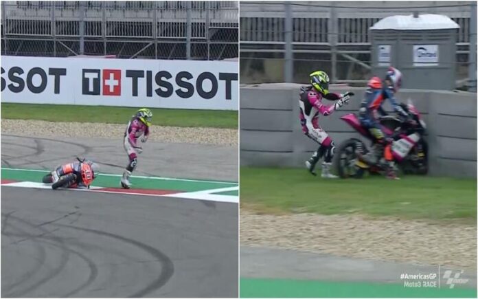 Pilotos sofrem acidente em prova de Moto3 e quase trocam de motas