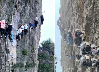 Alpinistas chineses ficam retidos num penhasco por mais de uma hora devido ao excesso de turistas