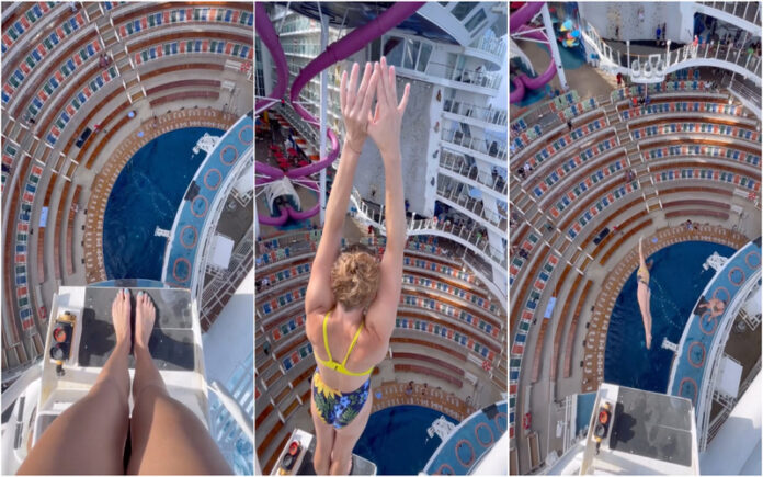 Mergulhadora salta em piscina de cruzeiro da Royal Caribbean a mais de 17 metros de altura