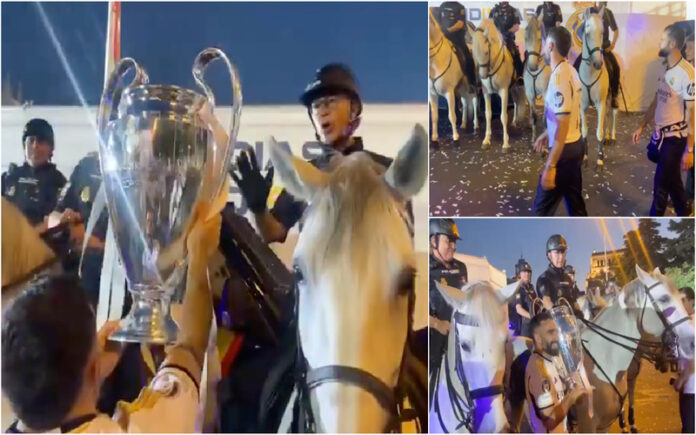 Carvajal entrega taça ao pai durante celebração do Real Madrid