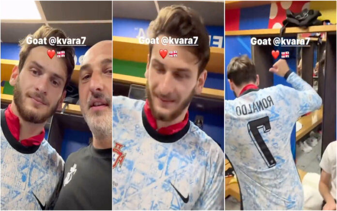 Kvaratskhelia celebra apuramento com camisola de Ronaldo