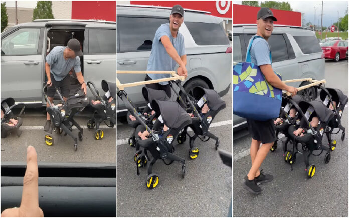 Pai de Trigémeos cria utensílio inovador para empurrar três carrinhos ao mesmo tempo