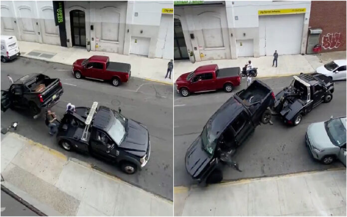 Dono de pick-up e motorista de reboque protagonizam cena caótica digna de filme