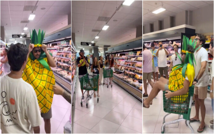 Homem celebra despedida de solteiro vestido de ananás no Mercadona