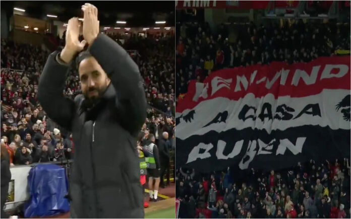Adeptos do United recebem Ruben Amorim com faixa em português em Old Trafford
