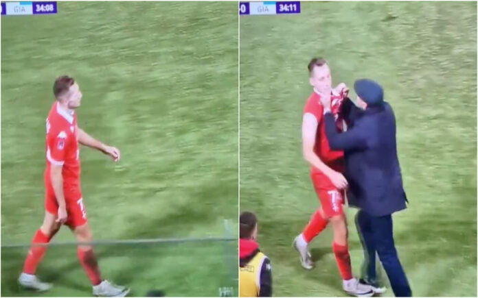 Treinador perde a calma e agarra jogador expulso pelos colarinhos