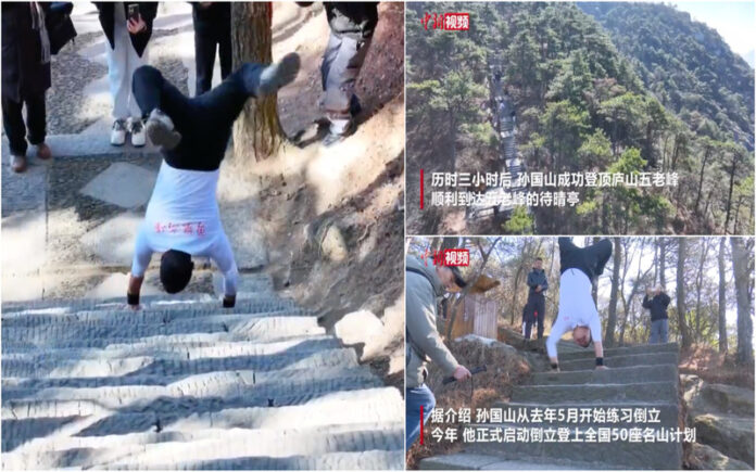 Chinês sobe 700 degraus de cabeça para baixo em façanha impressionante