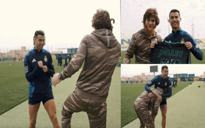 Cristiano Ronaldo recebe Magomedov e brinca com gestos de luta