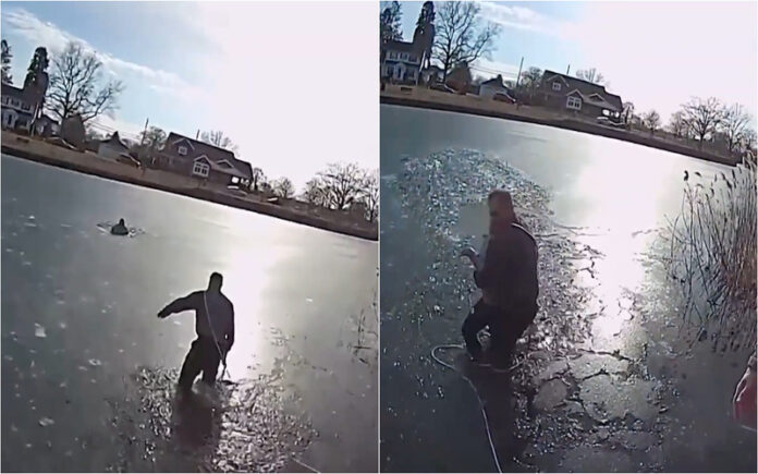 Menino cai em lago congelado e é salvo por polícia nos EUA