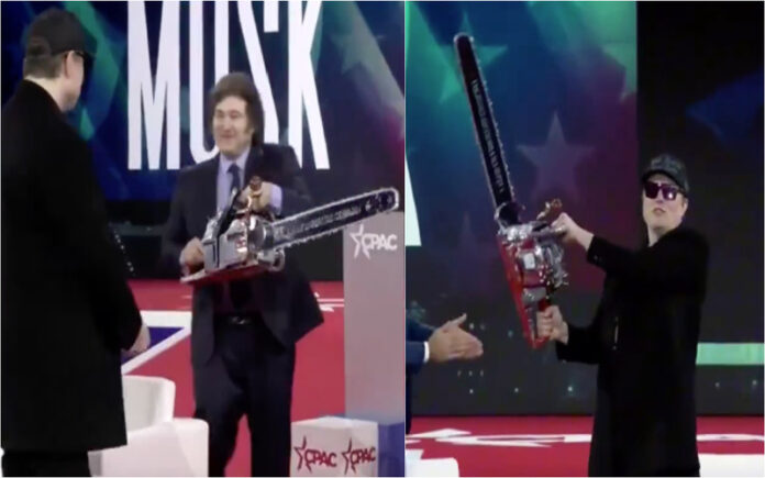 Milei presenteia Elon Musk com “motosserra da burocracia” nos EUA