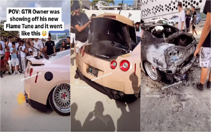Nissan GTR destruído em evento de tuning após acidente com “lança-chamas”