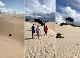 Empresário brasileiro faz Ford Ranger Raptor “voar” na praia e desmaia após queda