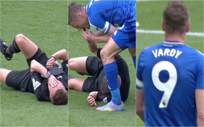 Jamie Vardy assinala falta após árbitro se lesionar em pleno jogo da Premier League