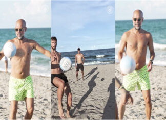 Guardiola junta-se aos jogadores na praia e mostra que ainda tem toque de bola