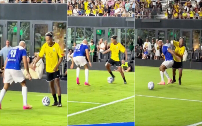 Ronaldinho brinca com segurança de Messi e arranca gargalhadas em jogo de ex-estrelas