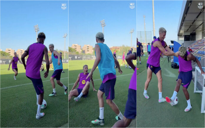 Yamal deslumbra colegas com finta desconcertante no treino do Barcelona