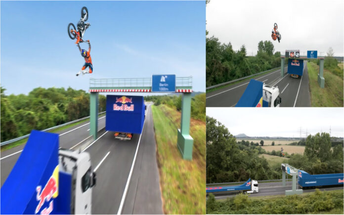 Luc Ackermann deslumbra com backflip de moto entre camiões em movimento