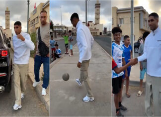 Hakimi encanta crianças ao parar para jogar futebol a caminho da seleção de Marrocos