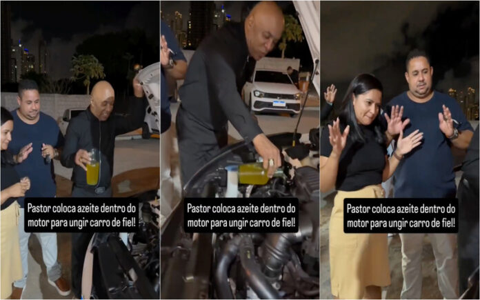 Pastor gera polémica ao usar azeite no motor de carro como bênção