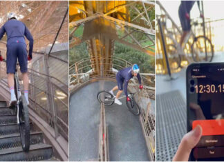Francês sobe os 686 degraus da Torre Eiffel de bicicleta e faz história
